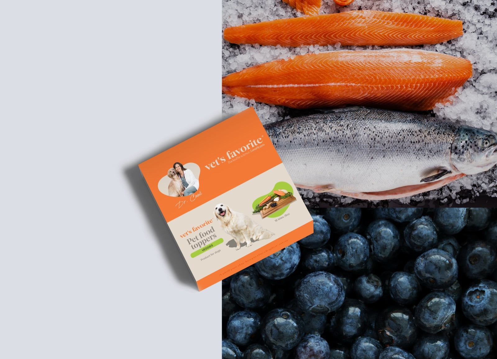 Vet's Favorite pet food toppers with fresh salmon and blueberries